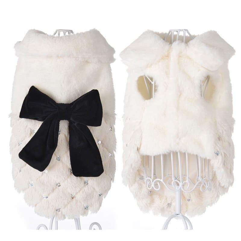 Moda Inverno Roupas Para Cães De Estimação Elegante Branco Filhote De Cachorro Pet Gato Casaco Jaquetas Pele Arco Nó Chi