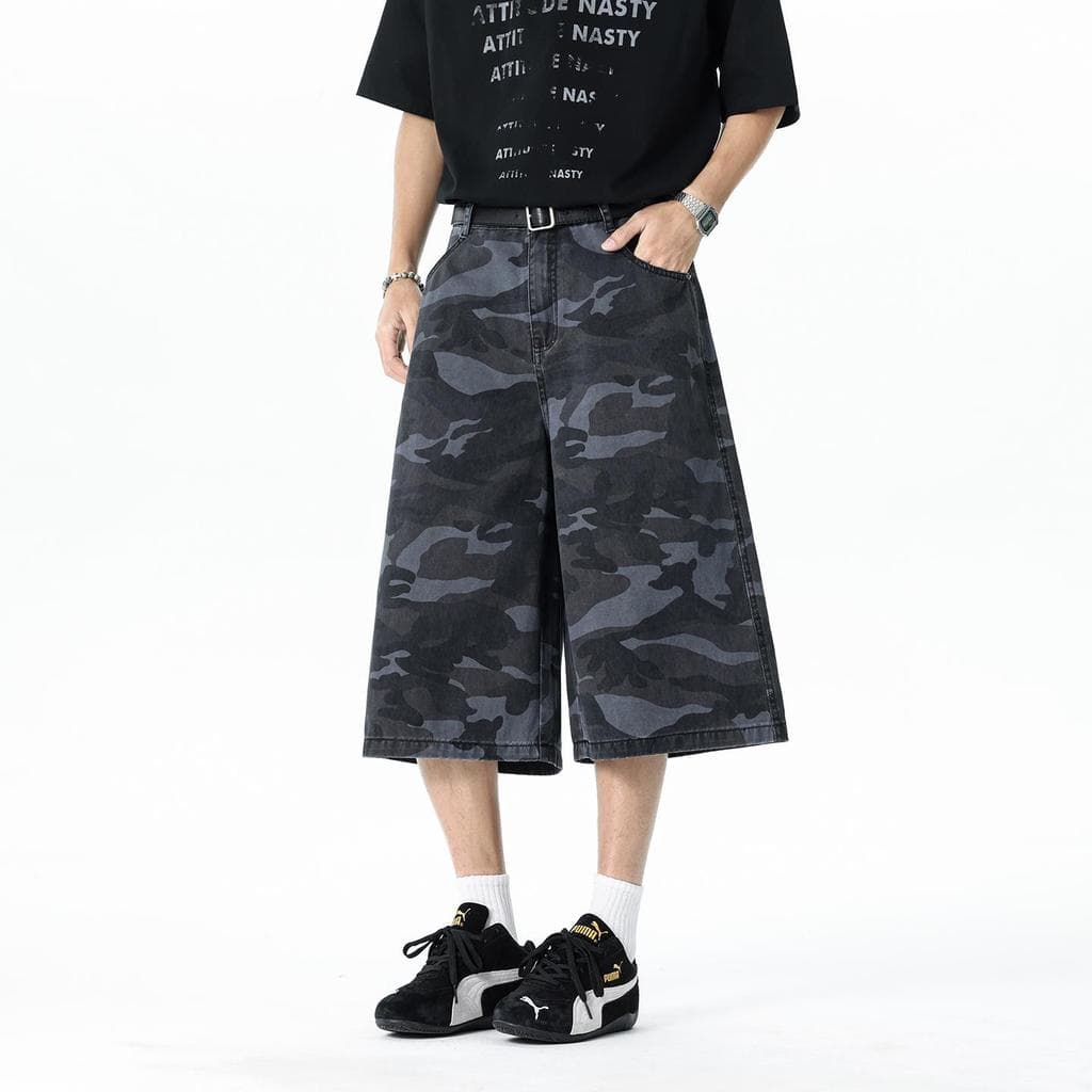 Calças cortadas de perna larga camufladas americanas masculinas verão Street Wear solto Casual macacão reto Shorts