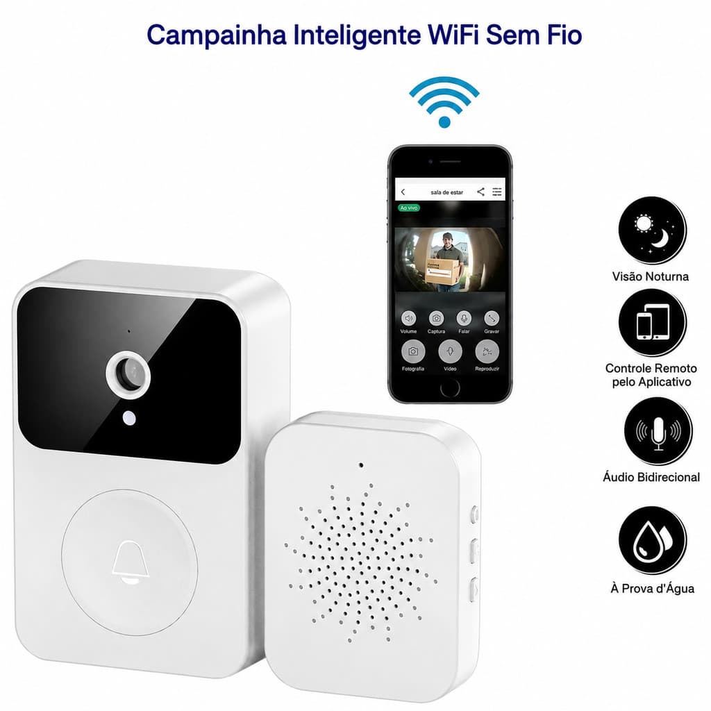 Campainha com Câmera WiFi Sem Fio Vídeo Porteiro Inteligente Visão Noturna Áudio Bidirecional Envio Imediato