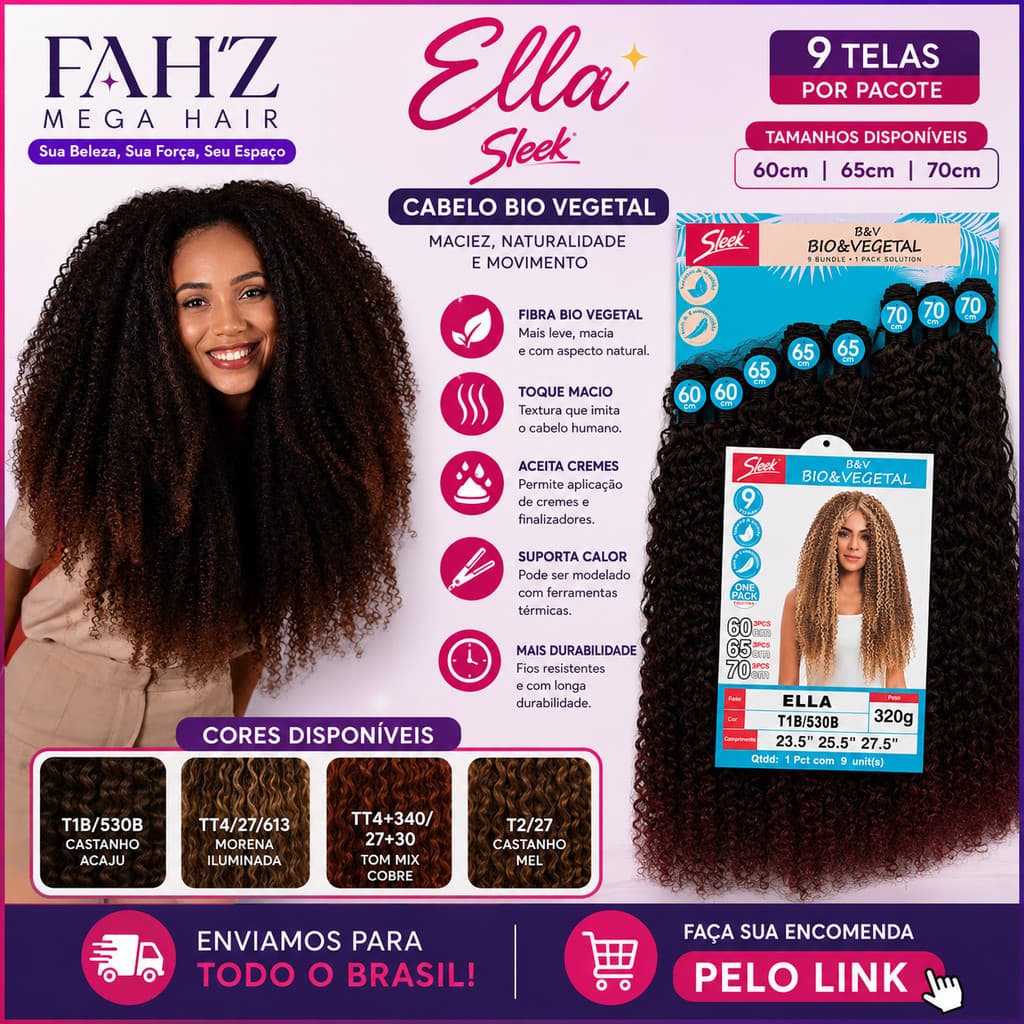 Cabelo Ella Cacheado | Sleek | Bio Vegetal 70Cm 320g