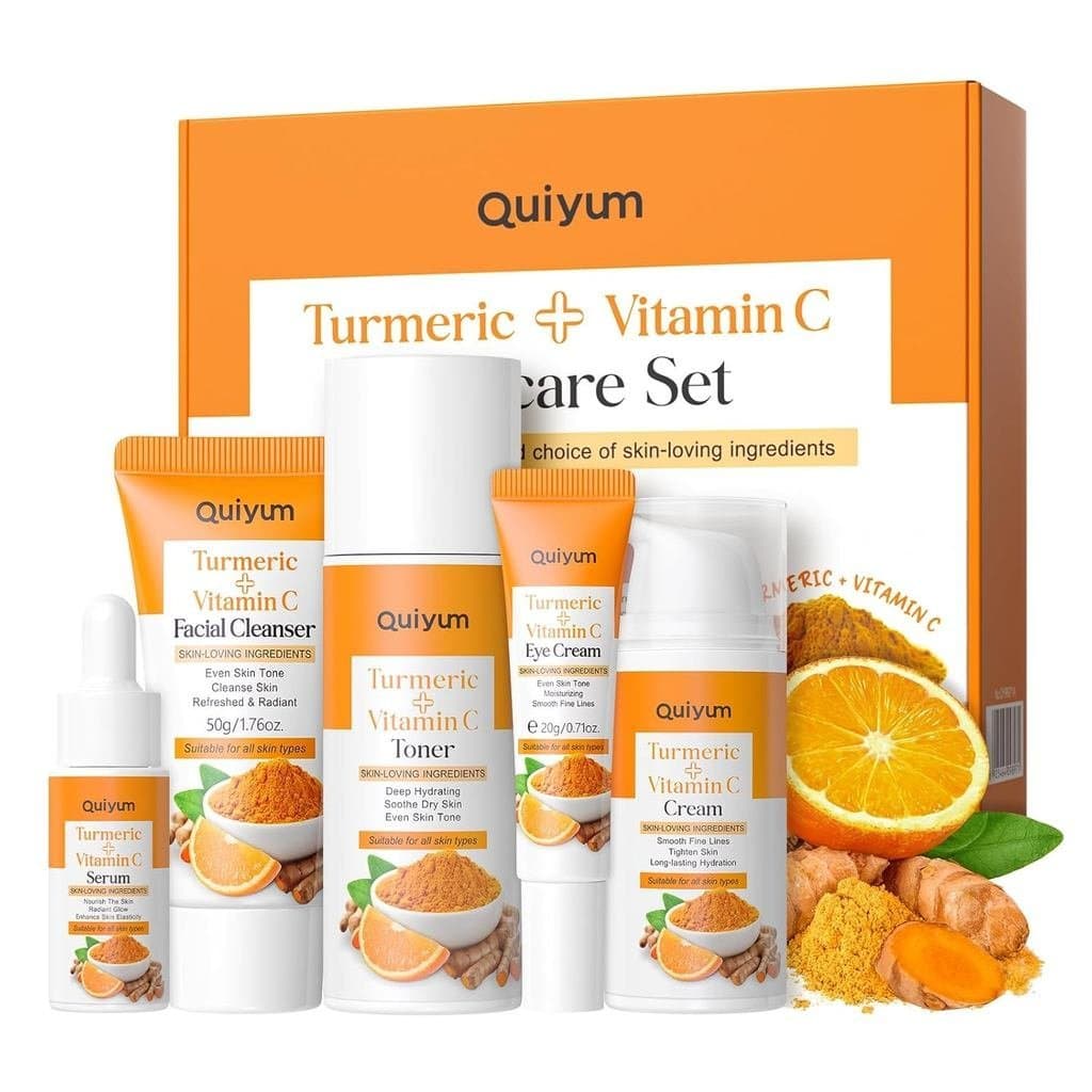Conjunto de Cuidados com a Pele QUIYUM, Kit de Cuidados com a Pele com Cúrcuma e Vitamina C 5 Peças - Kit de Rotina de C