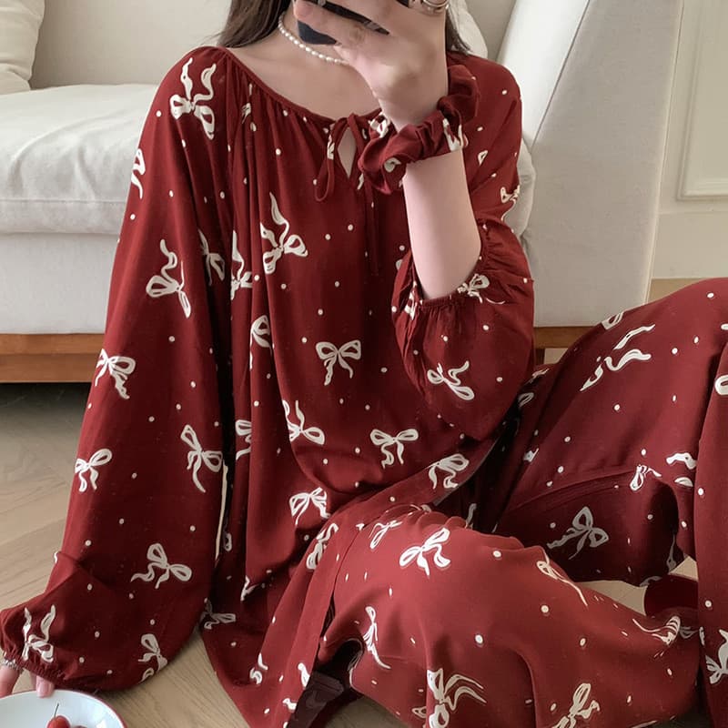 Pijamas de manga comprida de seda de algodão feminino estilo fino respirável absorvente de suor impresso Loungewear solt