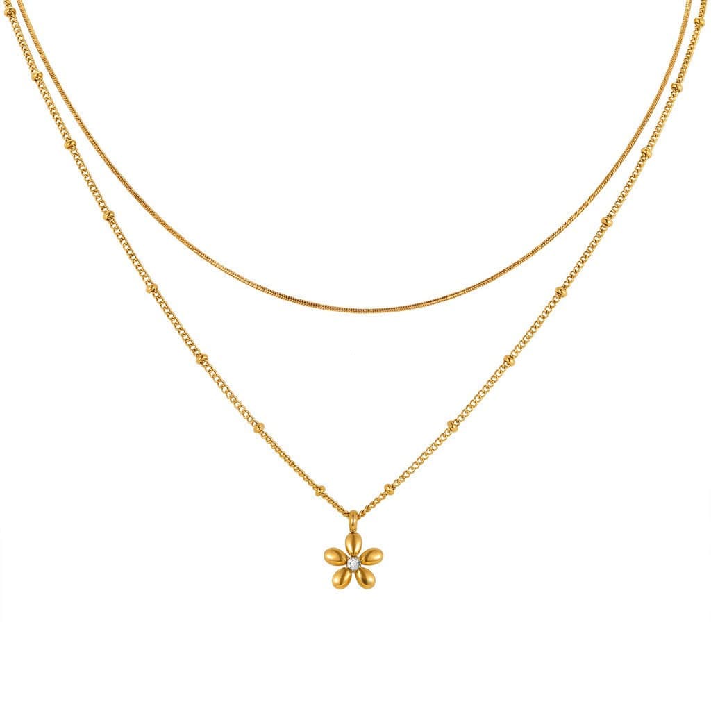 Colar De Flores De Camada Dupla Dourada , Aço Inoxidável 316L 18K Banhado A Ouro Hipoalergênico Espaçador Contas + Corre