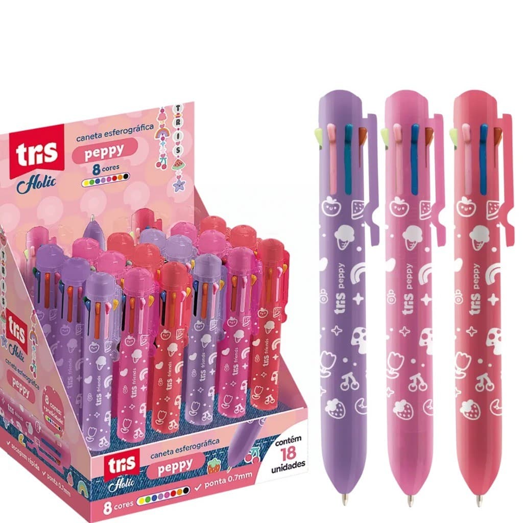 Caneta Tris Holic Peppy 8 cores Escolar Multicor Ponta 0.7mm