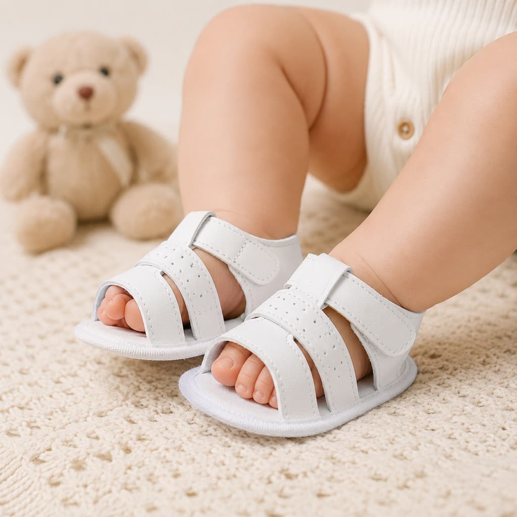 Sandália Bebê Branca Unissex com Velcro Antiderrapante Confortável para Batizado e Passeio