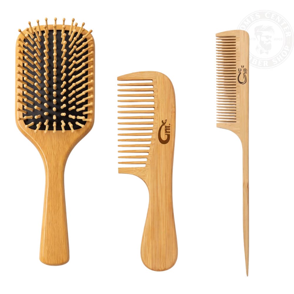 Kit 3 Itens Bambu: Escova + Pente Dentes Finos + Pente Dentes Largos - Barbearia/Salão