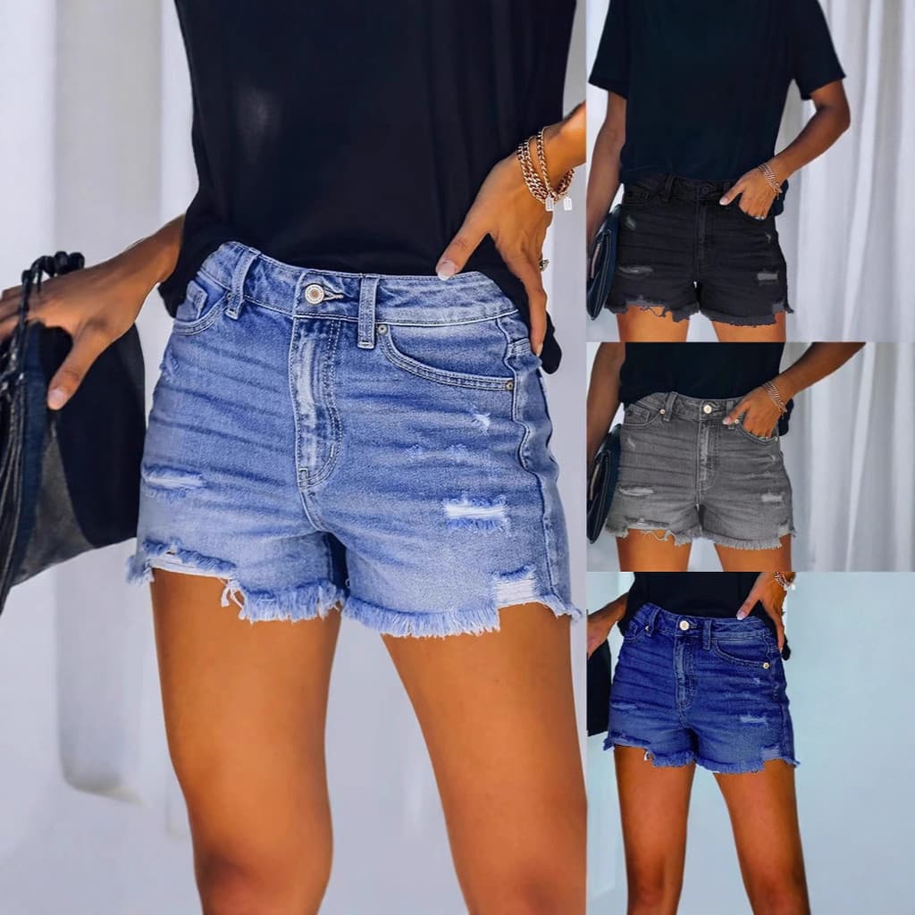 Novos Shorts de Jeans Femininos Europeus e Americanos da Moda 2025, Shorts de Jeans Femininos Rasgados de Cintura Alta e