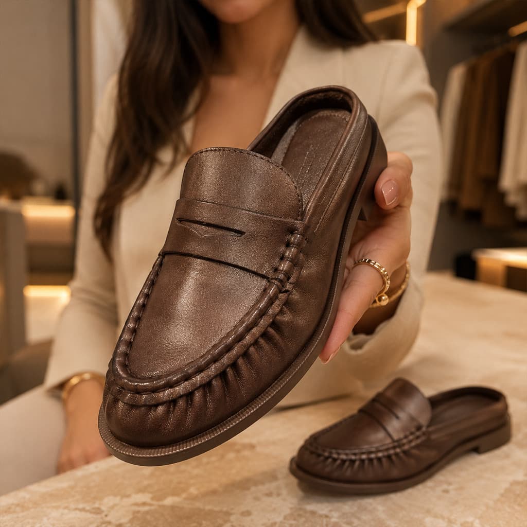 Mocassim Feminino Marrom Metalizado Loafer Confortável Bico Redondo Salto Baixo Casual Social
