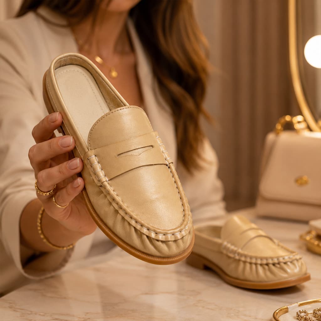 Mocassim Mule Feminino Champagne Metalizado Loafer Confortável Salto Baixo Casual para Trabalho