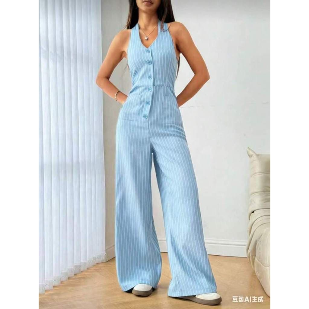 Macacão Feminino Halter Listrado Botões Calça Larga Alfaiataria macacão com botões macacão calça larga macacão longo