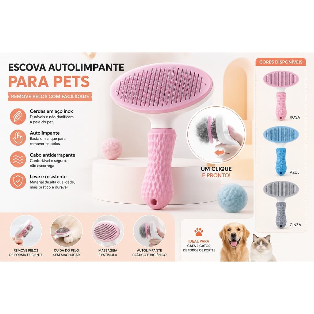 Escova Autolimpante para Pets – Removedor de Pelos para Cães e Gatos com Botão de Limpeza