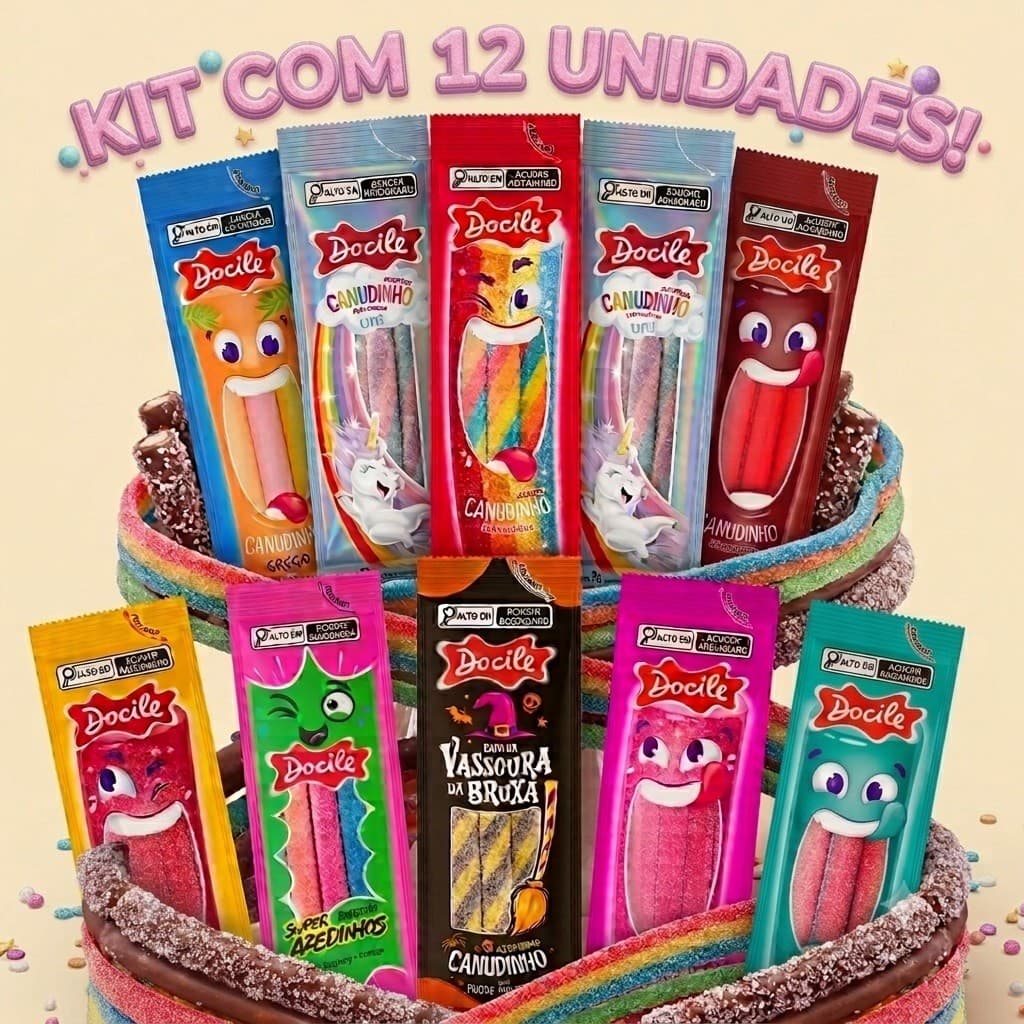 Kit com 12un Bala de Gelatina Canudinho Docile tipo Fini Sabores Variados Doce Festa Aniversário Lembrancinha