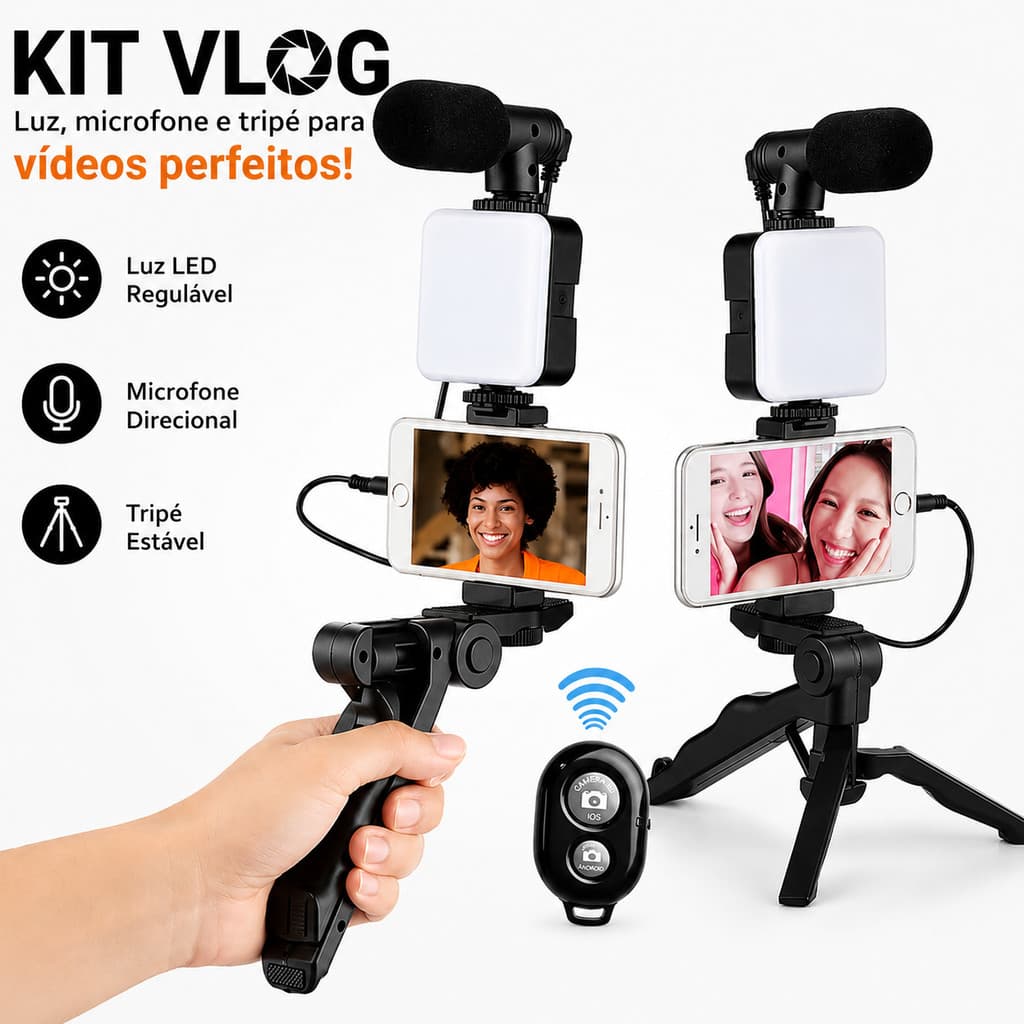 Kit Vídeo e Fotografia para Smartphone com Microfone Luz LED Mini Tripé Suporte e Controle Bluetooth