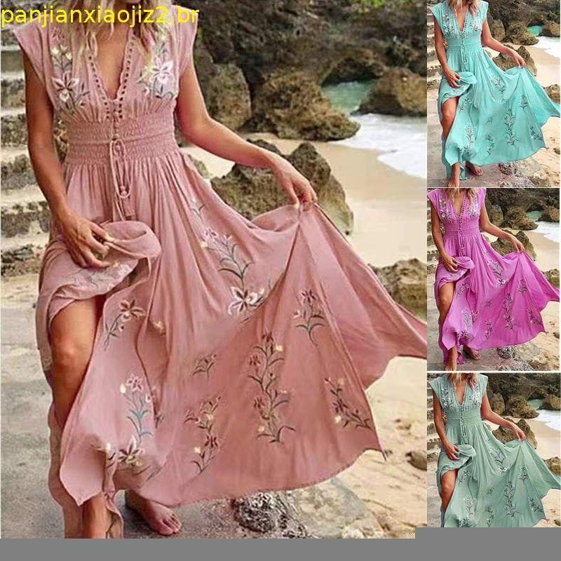 Lyq_ Vestido Longo Feminino Sem Manga Com Decote Em V E Estampa Floral / Bainha Grande Para Festa