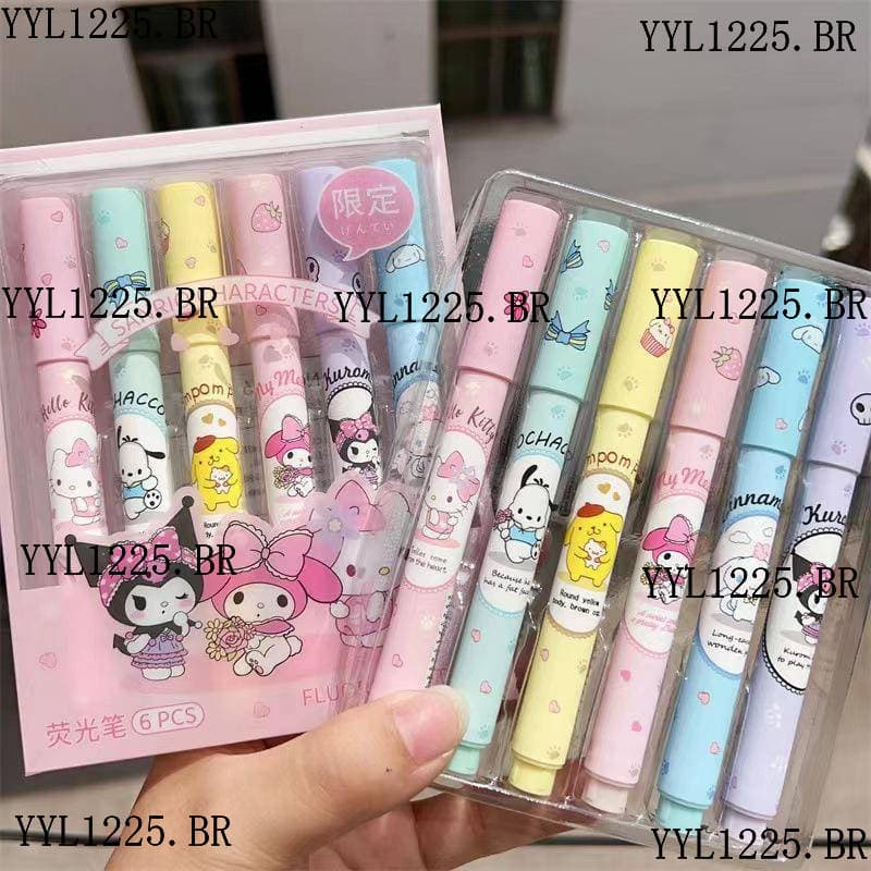 6Pcs/Set Cute Sanrio mymelody Kuromi Cinnamoroll Pom Purin Pochacco Marcadores Fluorescentes De Caneta Pastel De Desenho