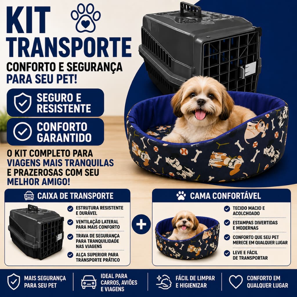 Kit Transporte Pet Premium Caixa de Transporte Resistente com Caminha Confortável para Cães e Gatos