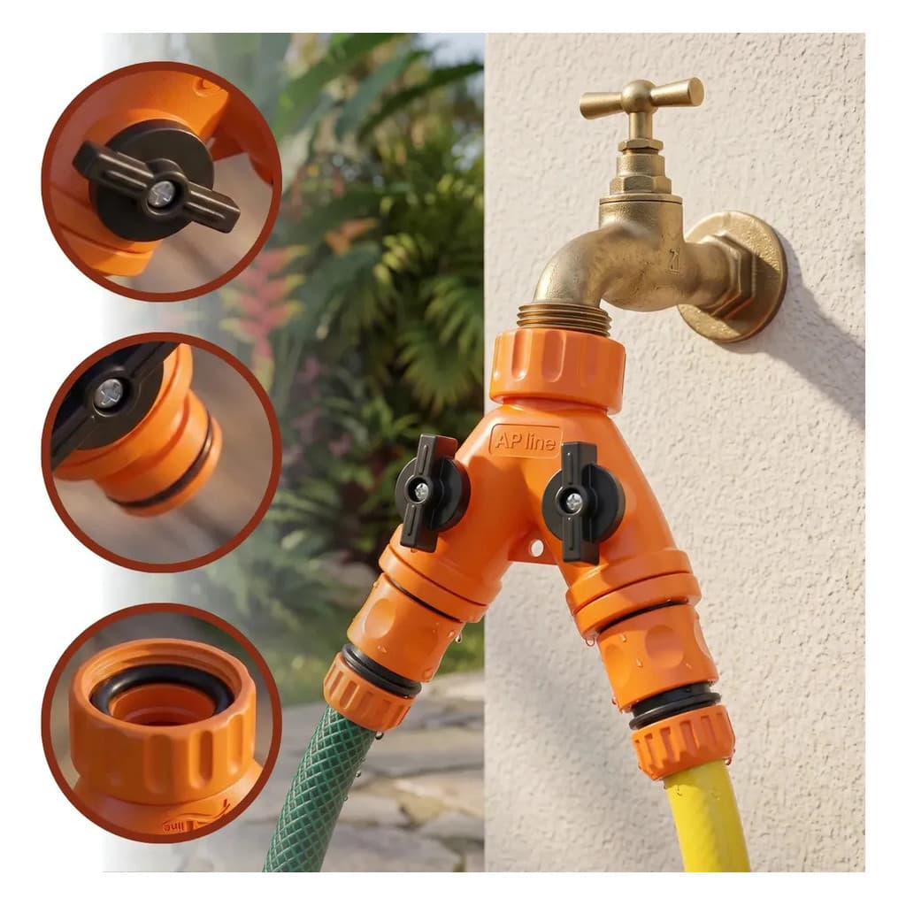 Kit Distribuidor Y 2 Vias Com 2 Engates Rápidos 1/2  Registro Duplo Adaptador Bifurcador Derivação Torneira P/ Mangueira