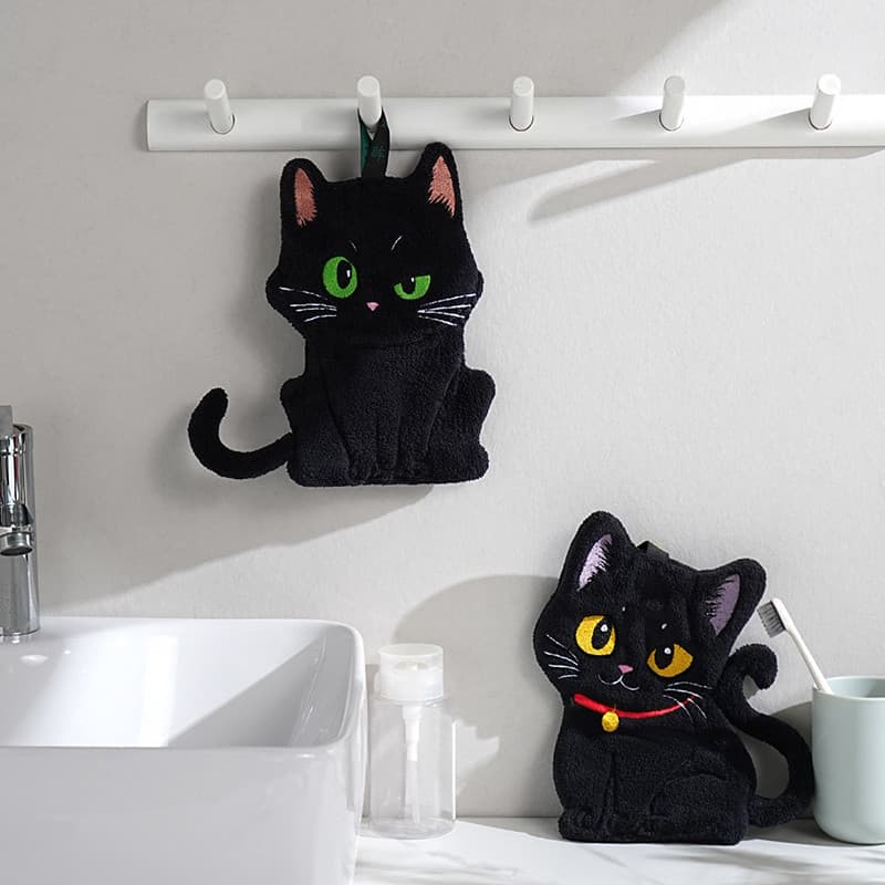Toalha De Mão De Gatinho Preto Desenho Animado Sino Gato Padrão Rosto Macia Absorvente Para Secagem
