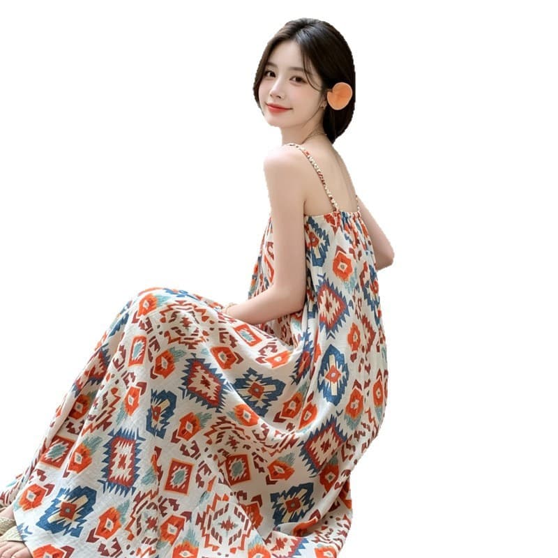 Vestido estilingue estampado feminino verão férias estilo saia longa solta mais magro Look macacão saia