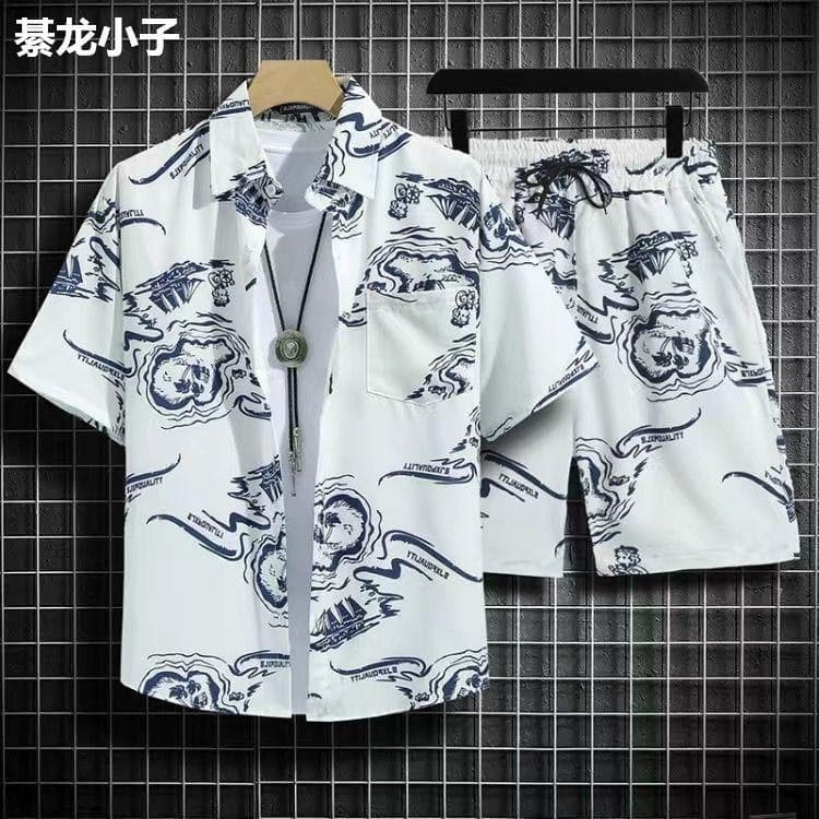 Terno de seda gelo masculino de secagem rápida camisa de manga curta solta tamanho grande cor praia Shorts casal combina