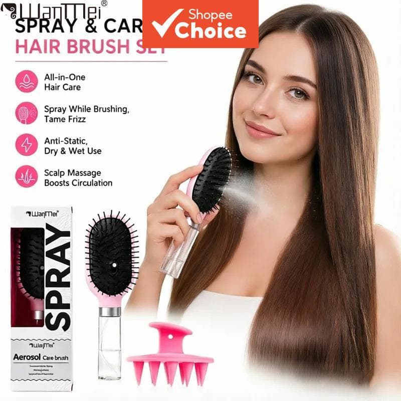 Conjunto de Escova de Massagem em Spray Antiestático para Desembaraçar e Cuidar do Couro Cabeludo para Cabelos Secos e