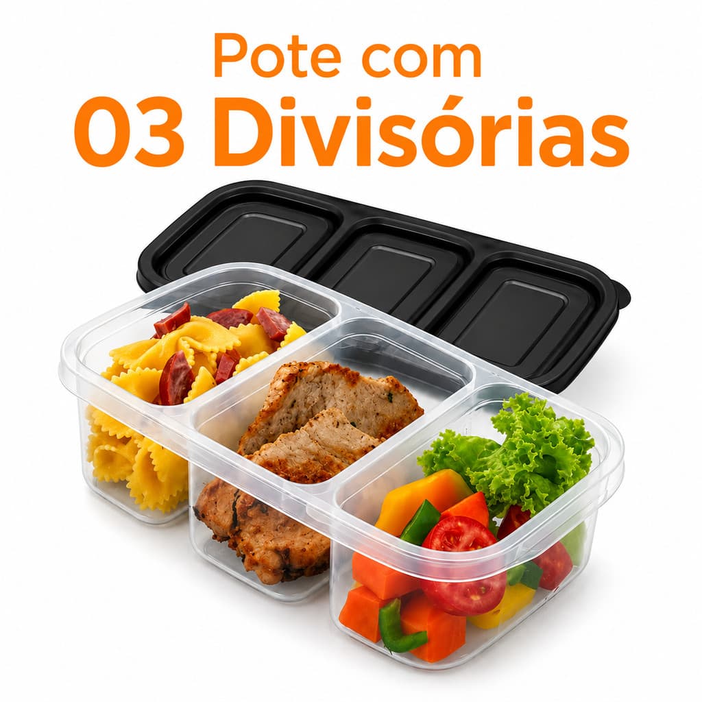 Pote Marmita com tampa e 3 Divisorias Plastico Resistente BPA Free