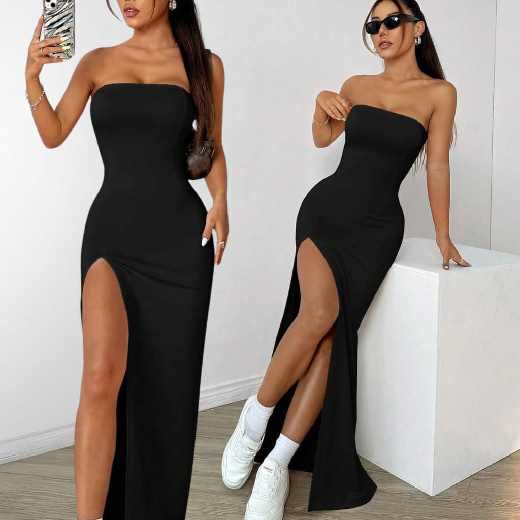 Vestido Feminino Longo De Festa Elegante Tomara Que Caia Com Fenda Preto Tubinho De Baile Convidada De Formatura Colado
