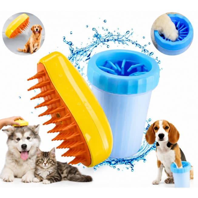 Kit Pet Escova Vaporizadora Elétrica Recarregável e Copo Lava Patas Silicone