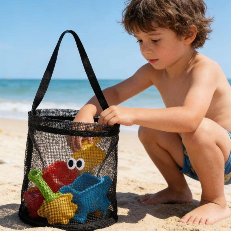 Praia crianças balde brinquedo armazenamento saco grade viagem ao ar livre armazenamento natação sacola