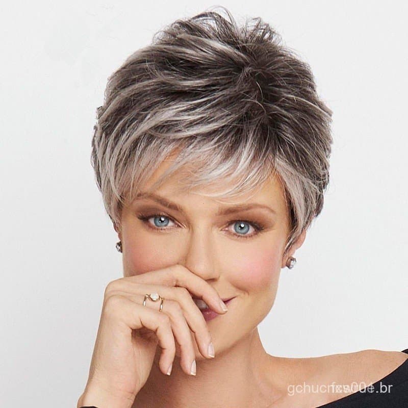 Nova Peruca Feminina Moda Europeia e Americana Cabelo Curto Liso Preto e Branco Tingido Misturado Fibra Sintética Igreja