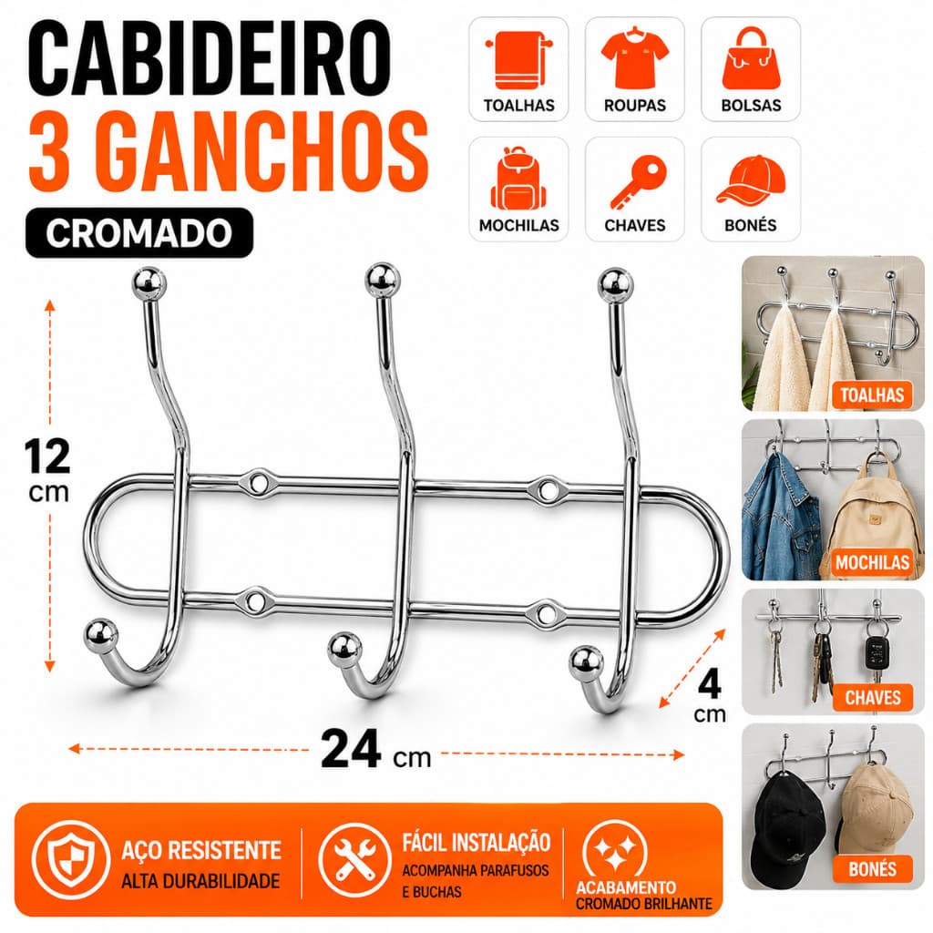 Cabideiro De Parede Em Aço Inox Com 6 Ganchos Multiuso Para Roupas Toalhas Bolsas Mochilas Banheiro