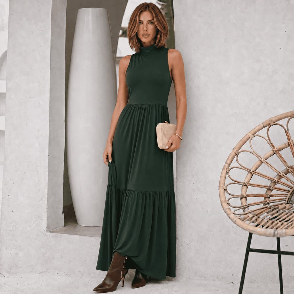 Vestido Feminino Longo Saia Plissada Fluído Malha Confortável Versátil Para Dia e Noite - 442