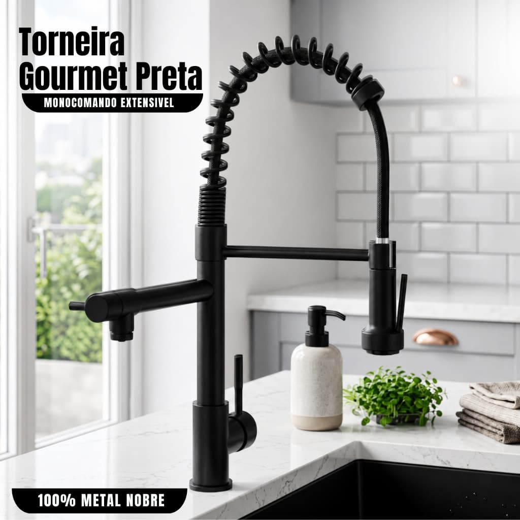 Torneira Gourmet Preta Monocomando Cozinha Black 50cm Misturador Extensivel