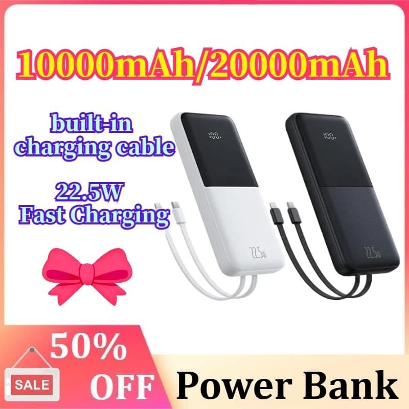 Banco De Potência 10000mAh 22.5W Com Dois Cabos Integrados PD De Carregamento Rápido Para IPhone 16 15 Pro Max , Carrega