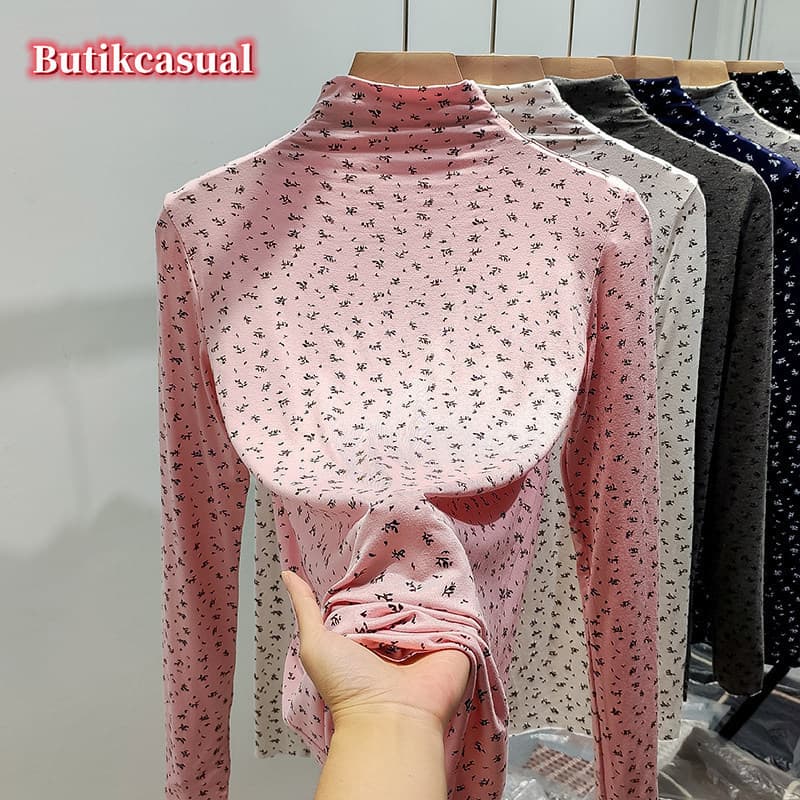 Camiseta Feminina Modal De Manga Comprida Primavera Fina Estampa Floral Meia Gola Alta Moda Casual Top Básico Interno