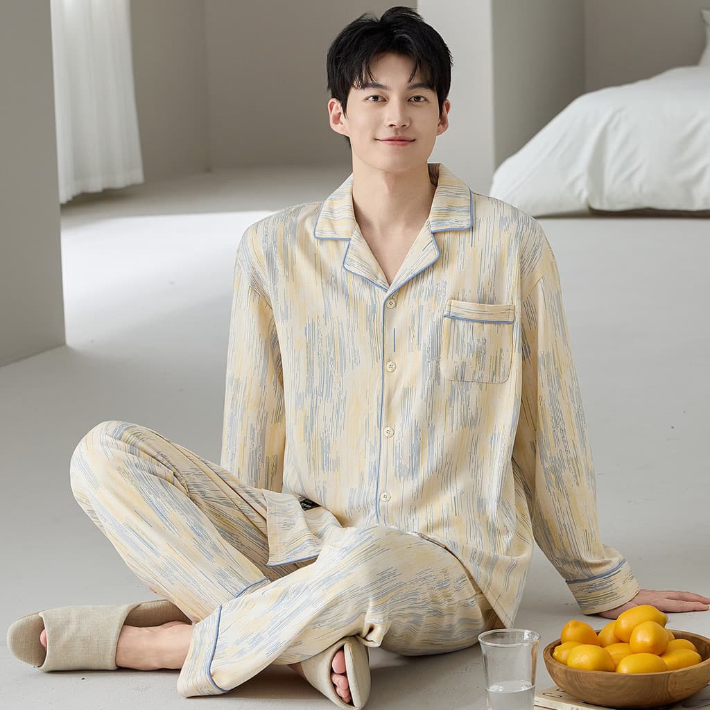 Pijamas de algodão puro primavera outono masculino manga comprida outono inverno estilo 2026 novo estilo masculino mais