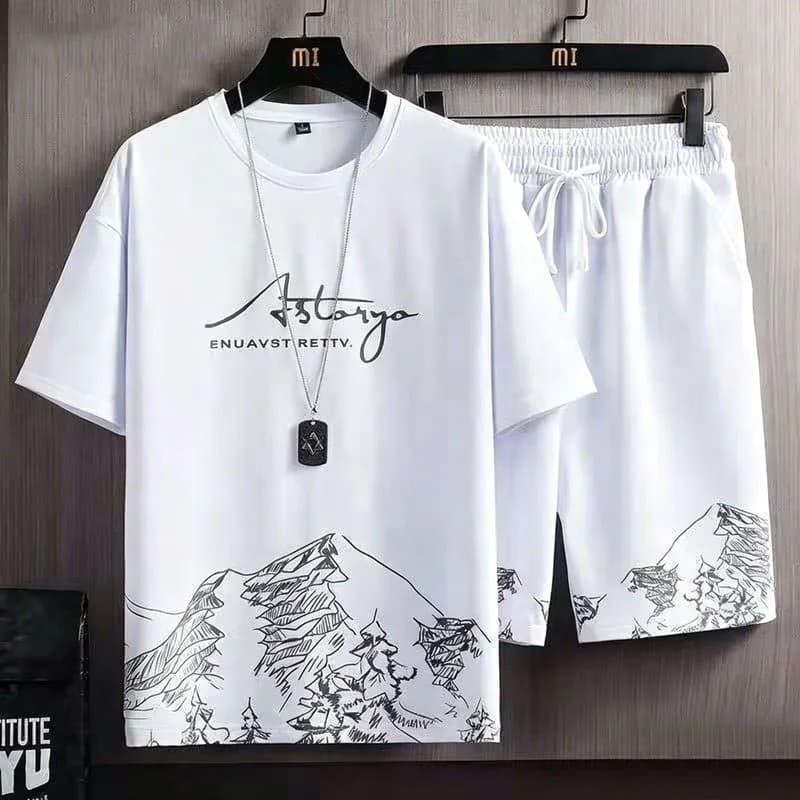 Conjunto Esportivo Casual Masculino de Seda Gelada, Moletom Estampado e Calça de Moletom, para Corrida ao Ar Livre, Espo