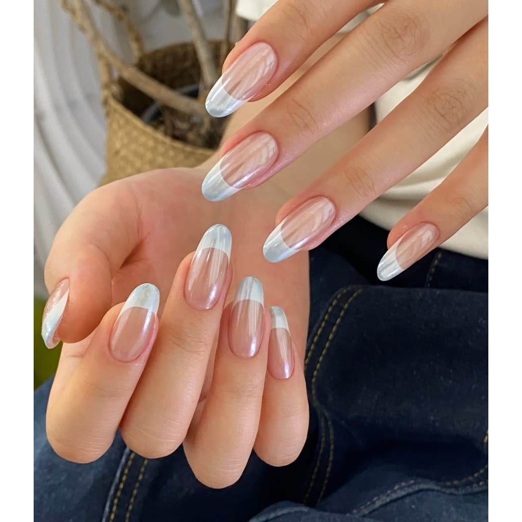 Unhas postiças destacáveis de alta qualidade, estilo francês Hailey, em verde menta e cor nude, com acabamento eletropla