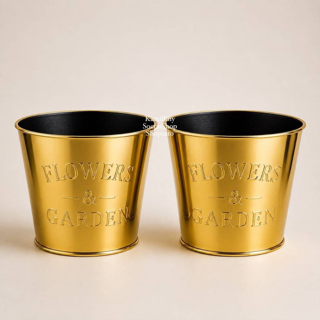 2 Unidades Vasos Cachepot Flowers Garden Vaso Metálico Dourado para Arranjo, Flores, Plantas e Decoração