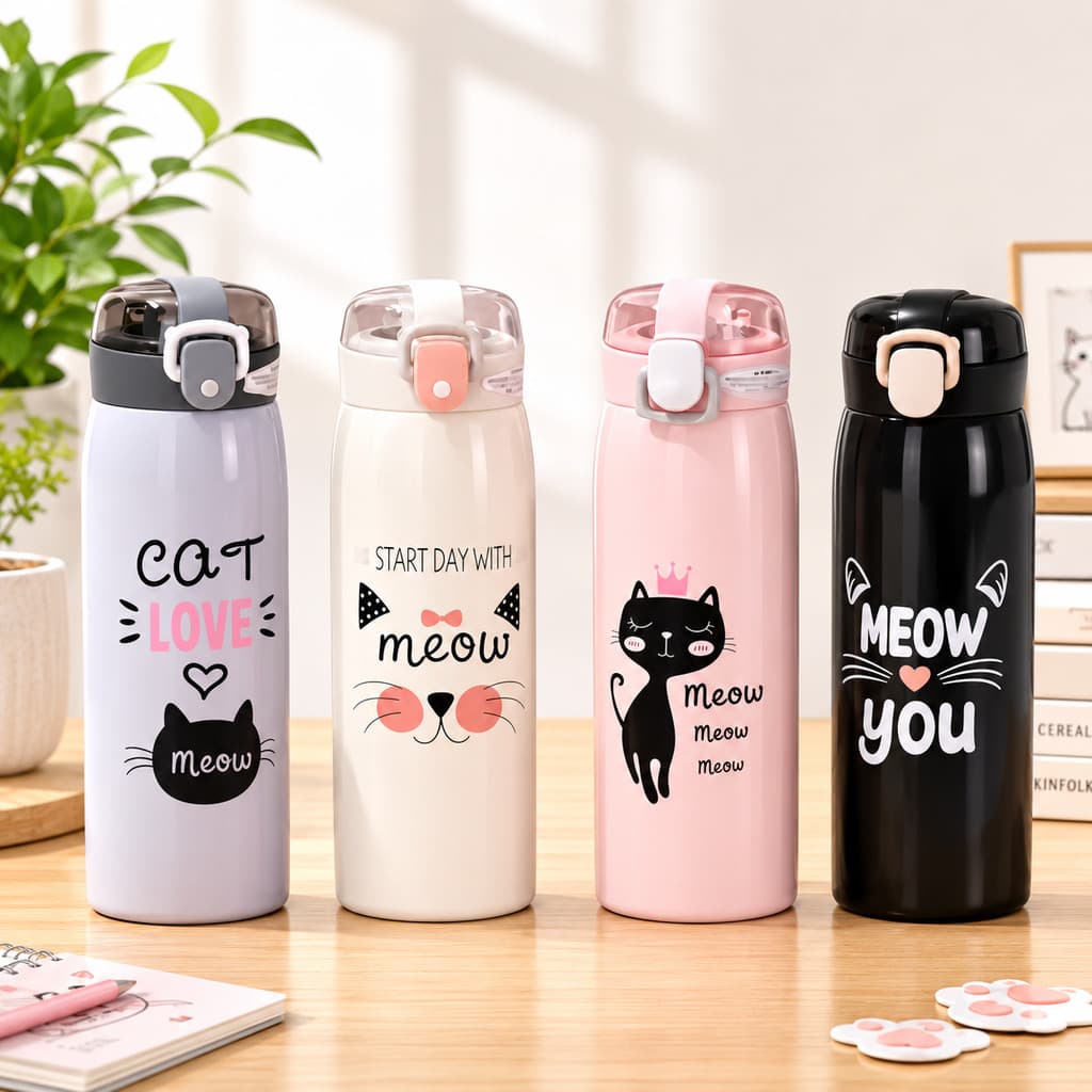 Kit Garrafa Térmica Infantil Gatinho 350ml 500ml Inox com Tampa de Trava, Copo Térmico para Água Quente e Fria, Escolar