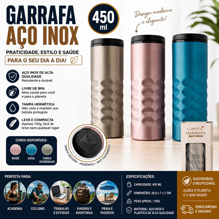 Garrafa Squeeze Aço Inox 450ml Esportiva Reutilizável Academia Fitness Escola Trabalho Tampa Vedação