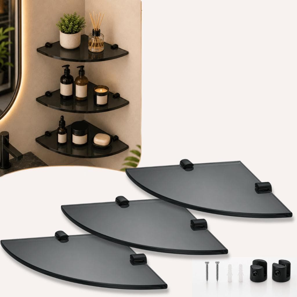 Kit 3 Prateleiras de Vidro Fumê com Suporte Preto Fosco para Banheiro e Cozinha