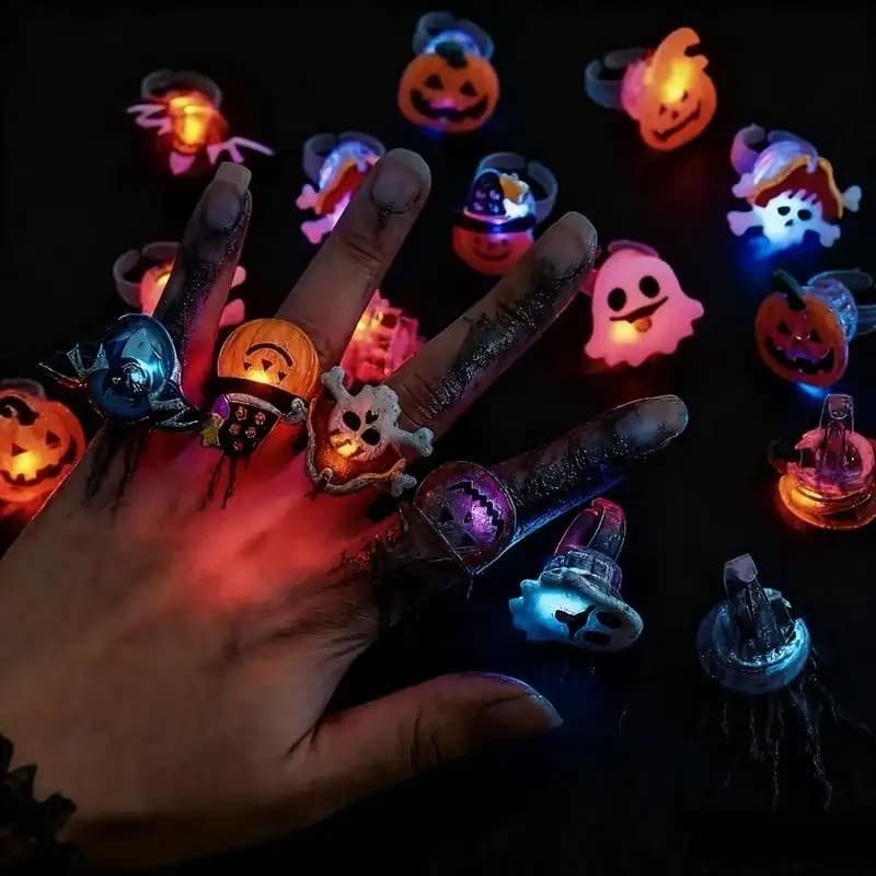 50 Anéis de LED para Halloween - Abóbora e Caveira, Lembrancinhas de Festa, Brinquedos Luminosos Assustadores para Crian