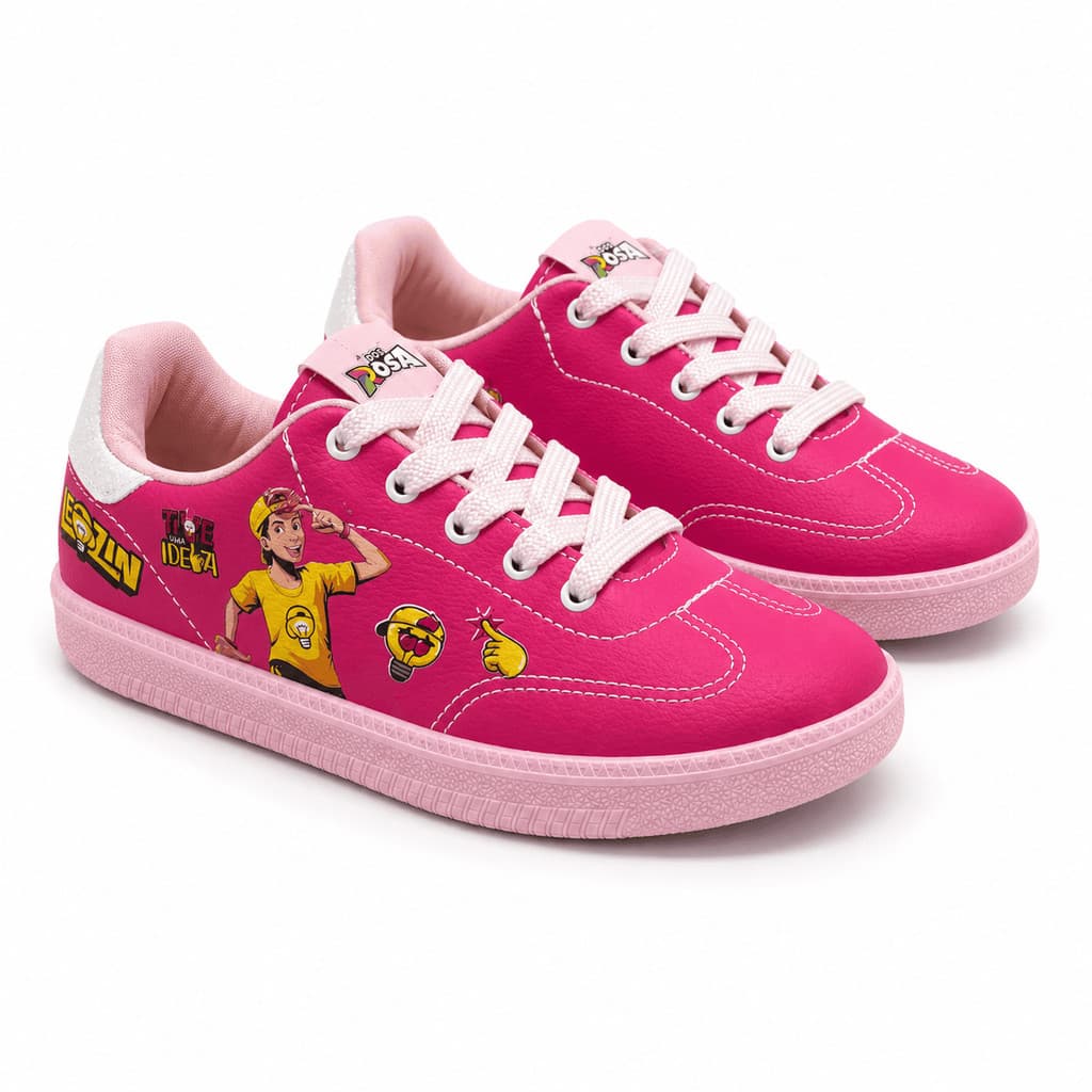 Tênis Dos Rosa Leozin Tive Uma Ideia Casual com Cadarço Branco e Detalhe Traseiro com Brilho