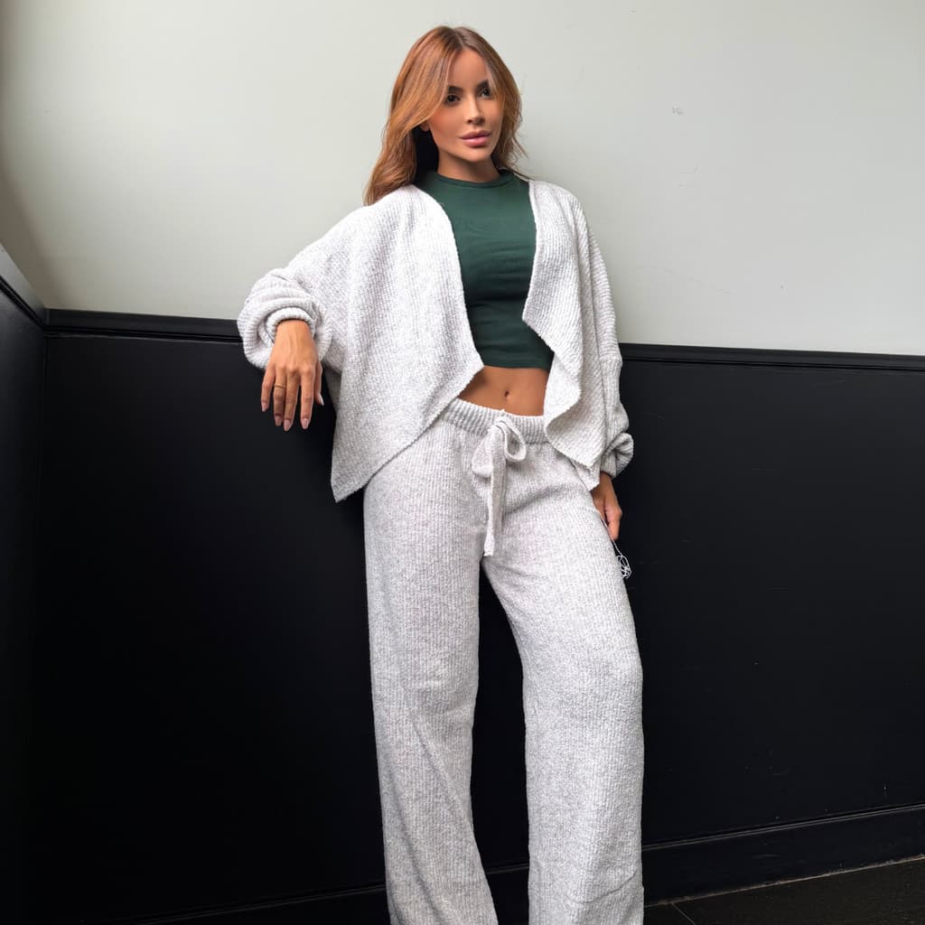 CONJUNTO TRICOT FEMININO CASACO CARDIGAN E CALÇA PANTALONA