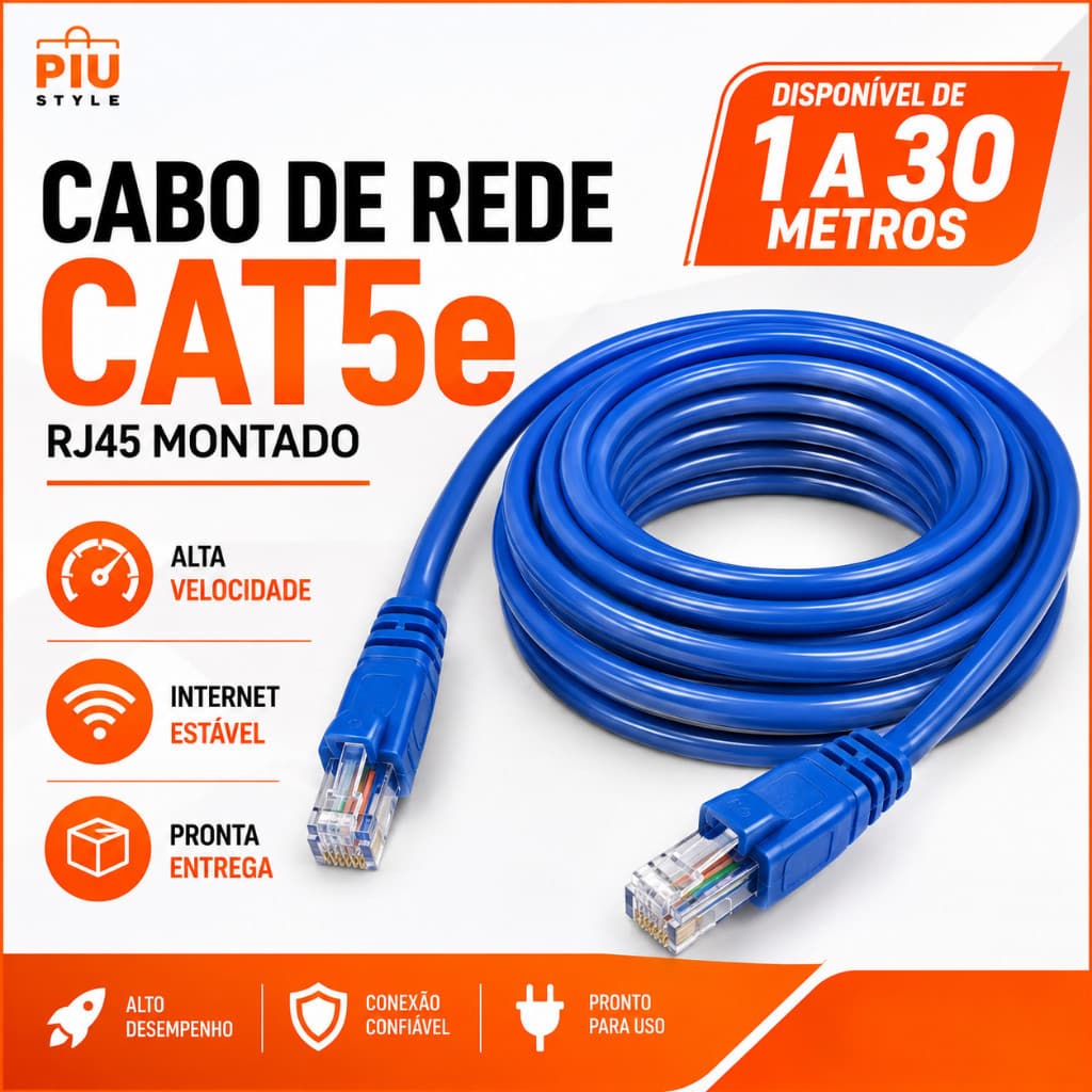 Cabo de Rede Azul RJ45 CAT5e Alta Velocidade p/ PC Notebook Roteador Smart TV Videogame - Patch Cord Ethernet 1/3/5/10/1