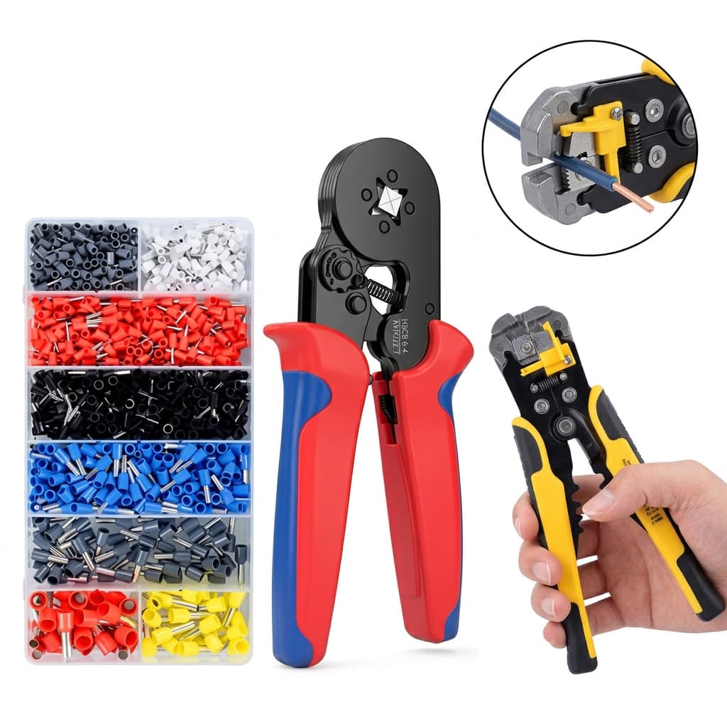 Kit Alicate de Crimpar Terminal com 1200 Ilhós Tubulares + Descascador Automático 0,25-10mm²  Estojo Organizador 1
