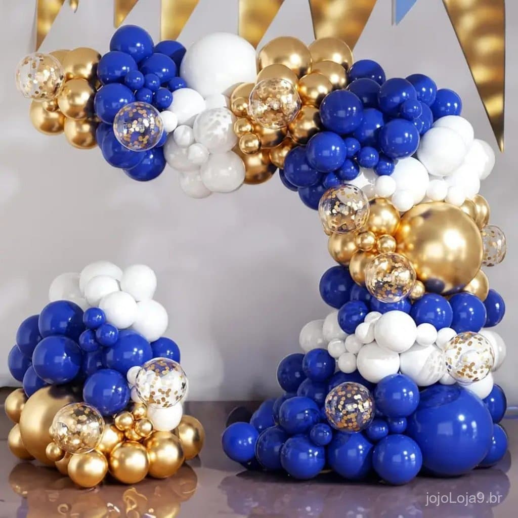 Kit 142 Balões Luxo Azul Branco Dourado Bexiga Metalizada Decoração Festa Aniversário Arco Desconstruído + Fita