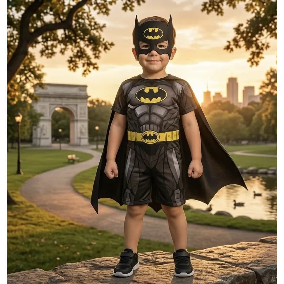Fantasia Infantil Heroi Homem Morcego Curta Com Máscara COMPLETA PREMIUM LUXO