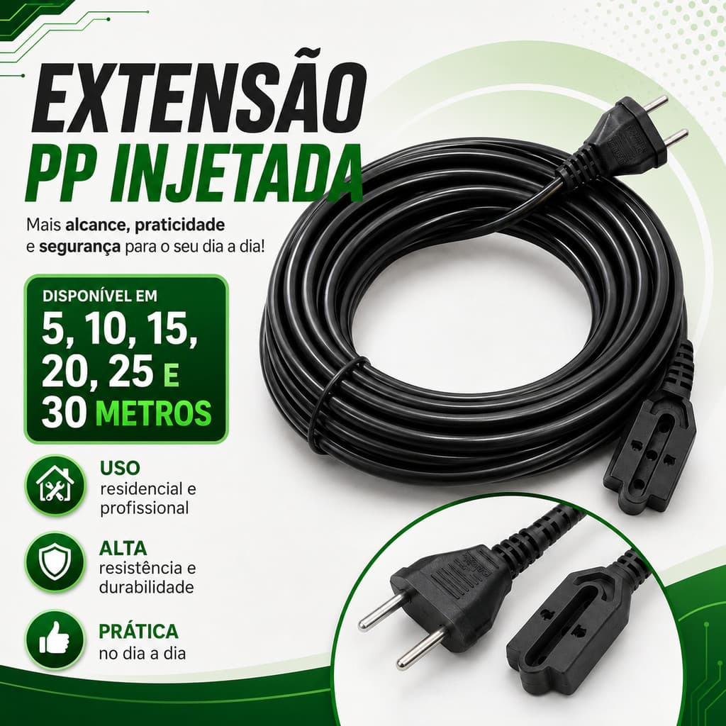 Extensão Elétrica Cabo PP Injetada 2x2,50mm² Reforçada 5m 10m 15m 20m 25m 30m Preta